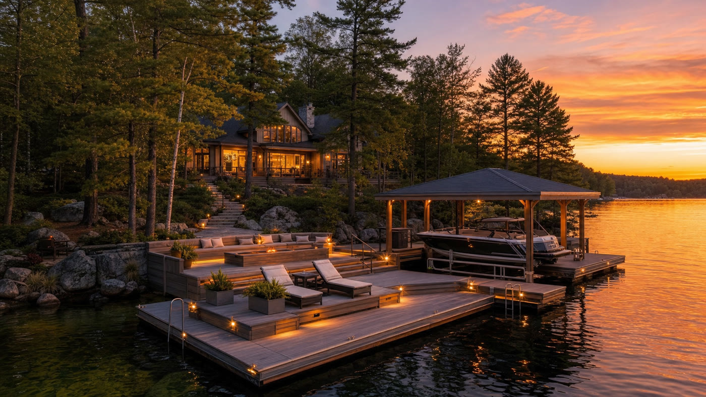 Stunning completed dock on a Muskoka lake at sunset