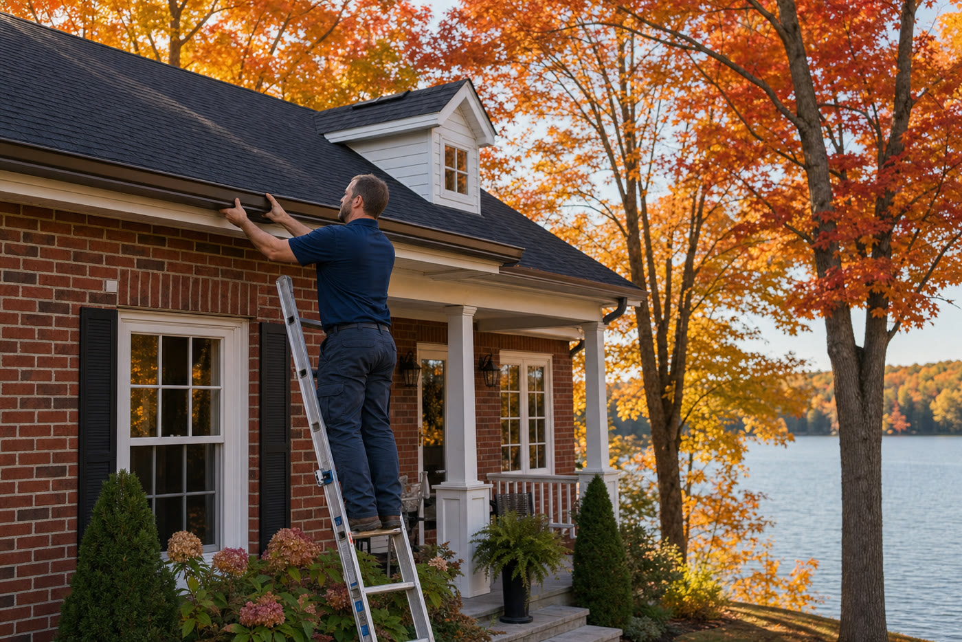 Contractor installing eavestrough on a brick home in autumn
