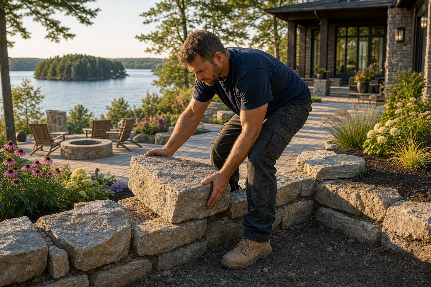 Contractor placing armour stone at a Muskoka lakefront estate