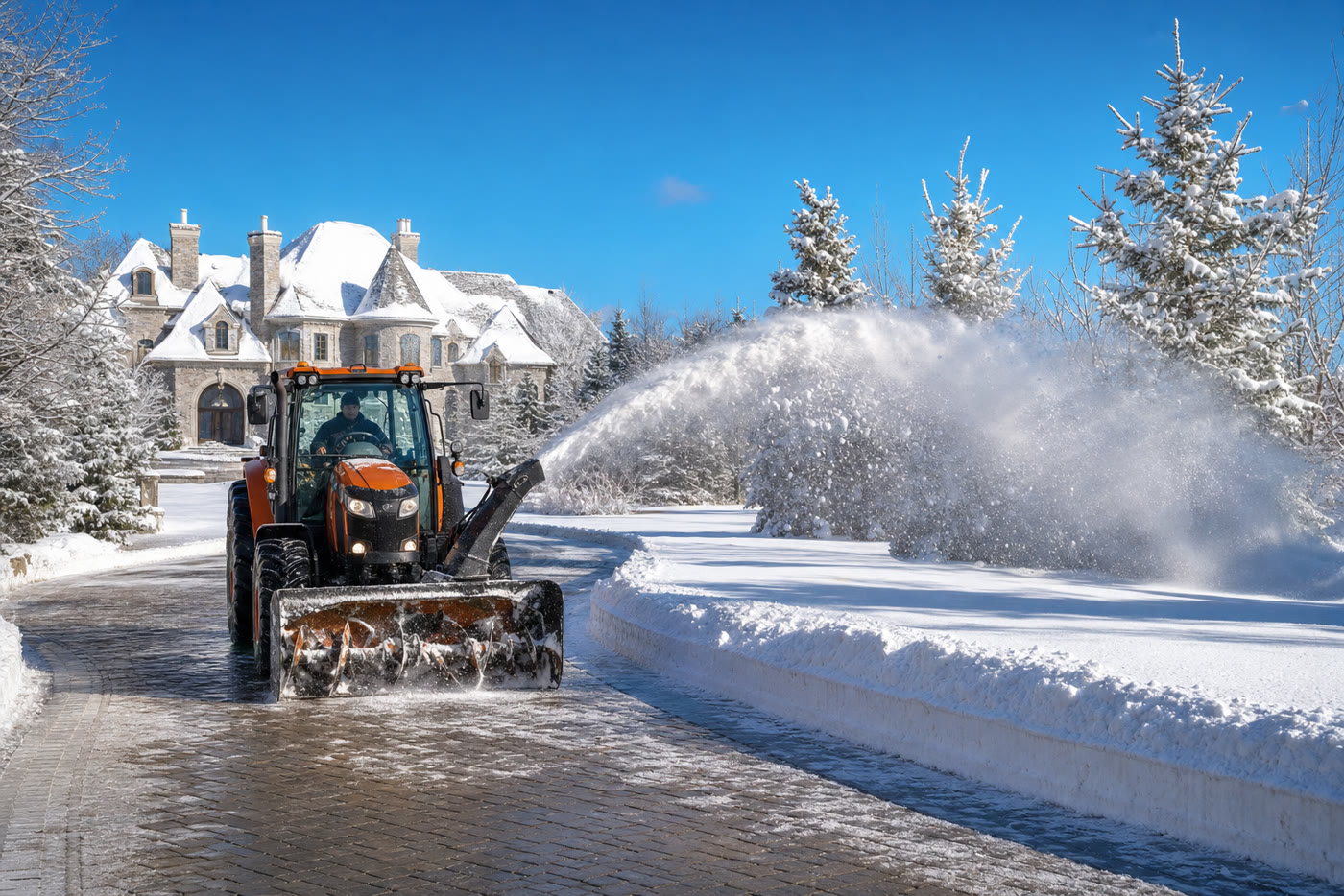 Orange tractor with snowblower clearing a luxury estate driveway in Muskoka