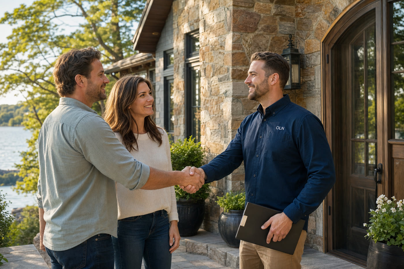 Contractor shaking hands with homeowners at a Muskoka cottage